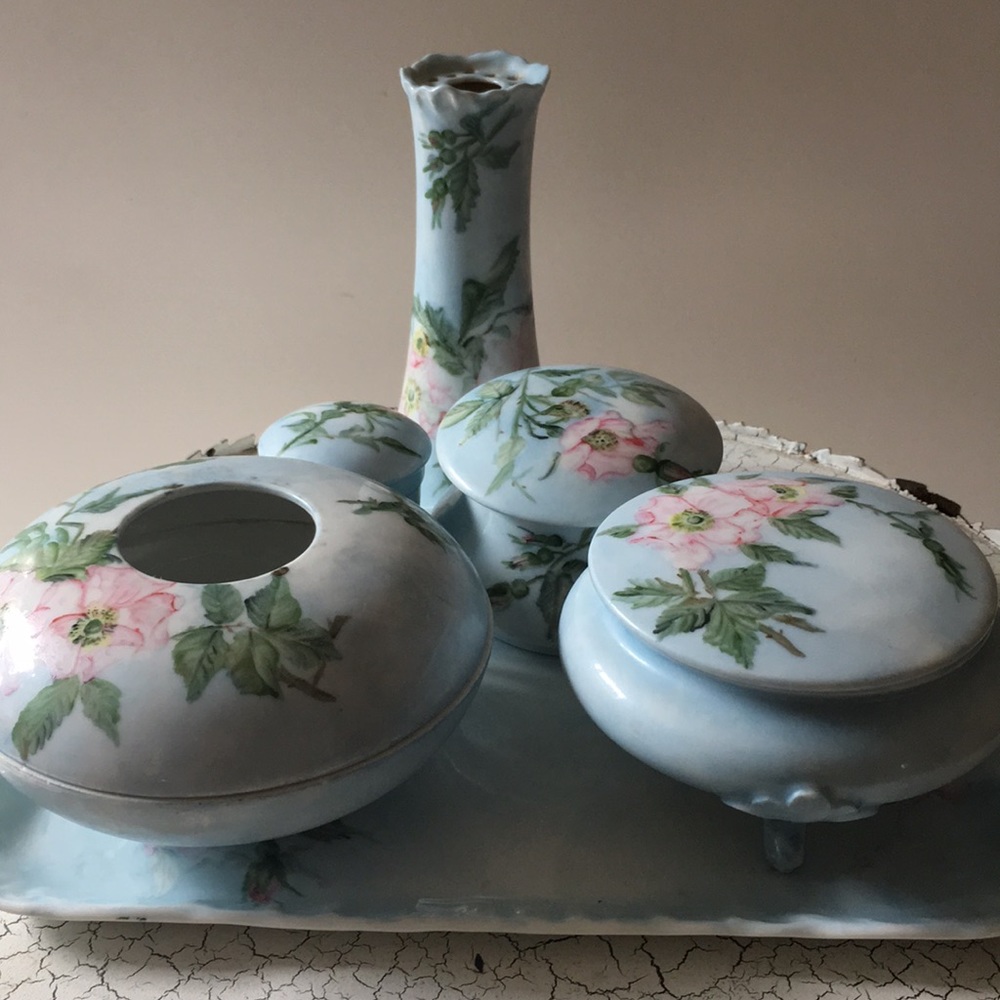 Vintage Limoges Floral Dressing Table Vanity Set.